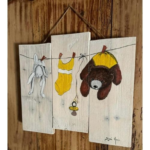 Peinture sur bois pour bébé - Création artisanale - 36,5cm x 33cm